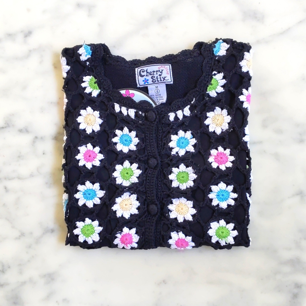 NWT. Multicolor Crochet Flowers Ramie Cotton Short Sleeve Cardigan Sweater.